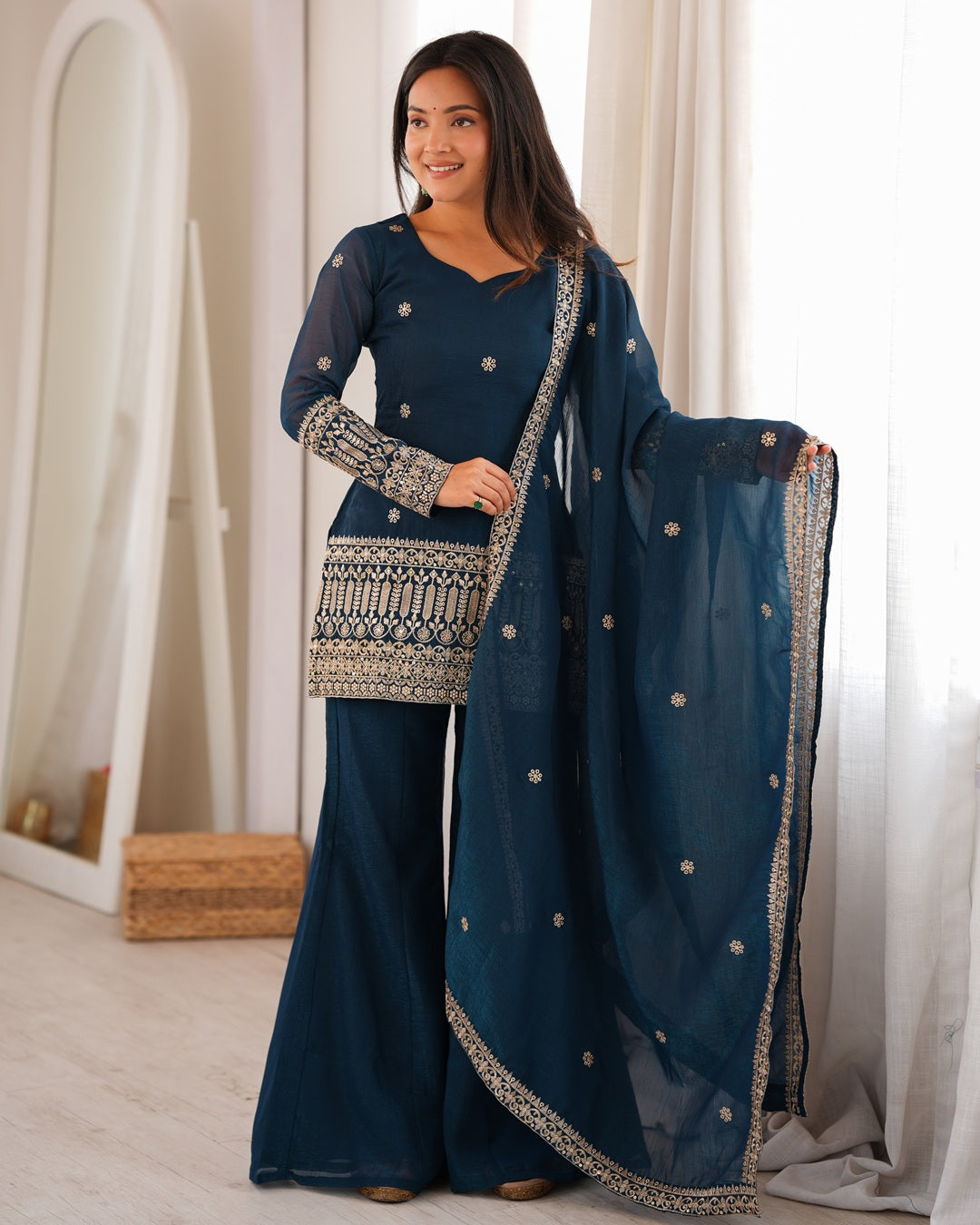 Teal Blue Embroidered Crunchy Silk Palazzo Suit for Women