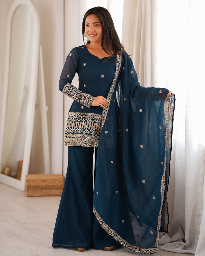Teal Blue Embroidered Crunchy Silk Palazzo Suit for Women