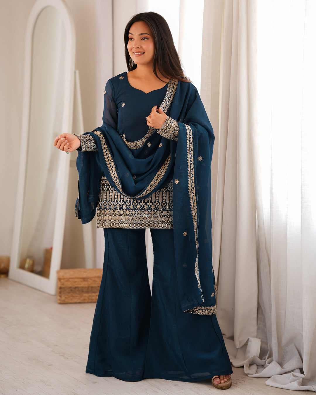 Teal Blue Embroidered Crunchy Silk Palazzo Suit for Women