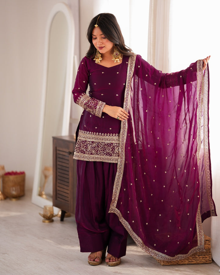 Wine Fendi Silk Embroidered Farshi Salwar Suit for Women