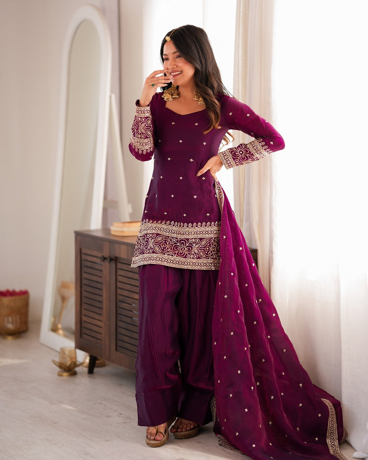 Wine Fendi Silk Embroidered Farshi Salwar Suit for Women
