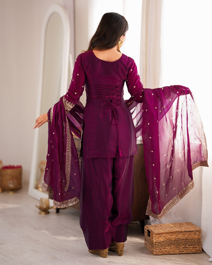 Wine Fendi Silk Embroidered Farshi Salwar Suit for Women