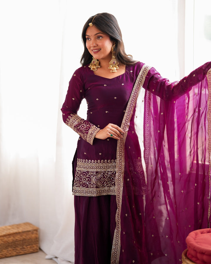 Wine Fendi Silk Embroidered Farshi Salwar Suit for Women