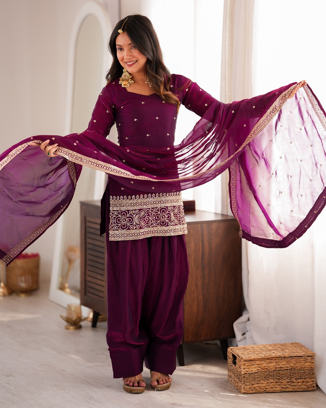 Wine Fendi Silk Embroidered Farshi Salwar Suit for Women