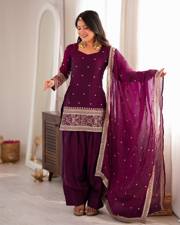 Wine Fendi Silk Embroidered Farshi Salwar Suit for Women