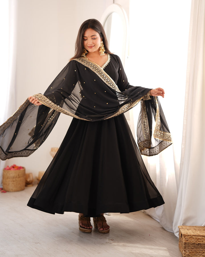 Black Georgette Mirror Work Gown | Designer Party Wear