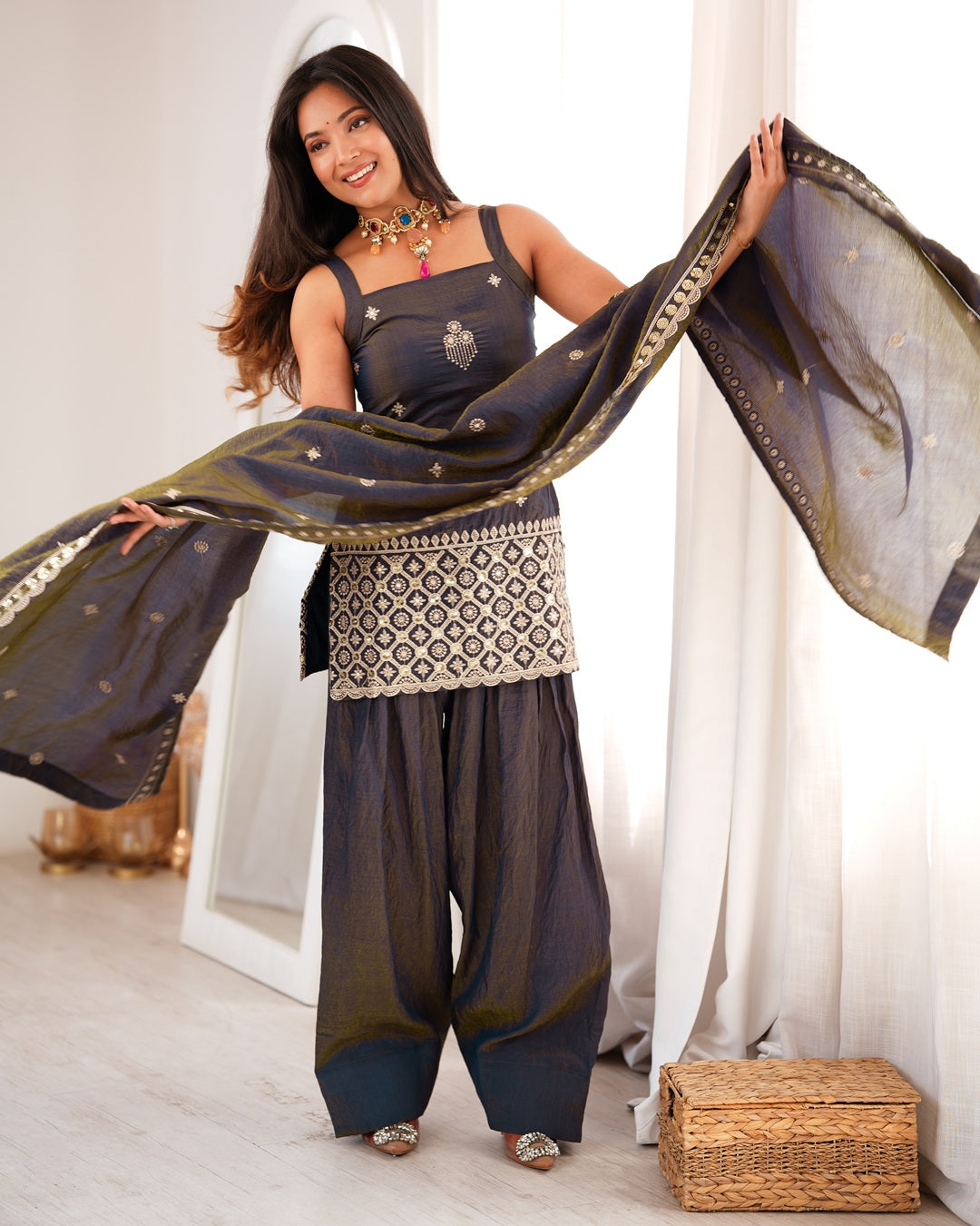 Smoky Grey Vichitra Silk Farshi Salwar Suit for Women