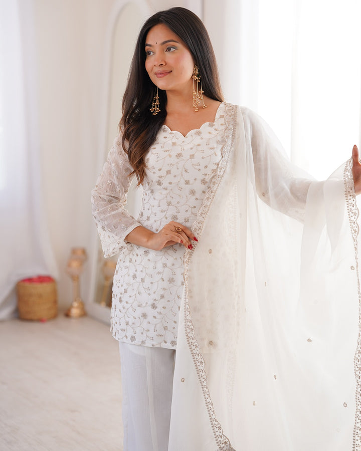 Off-White Crunchy Silk Embroidered Palazzo Suit – Elegant Festive & Party Wear for Women
