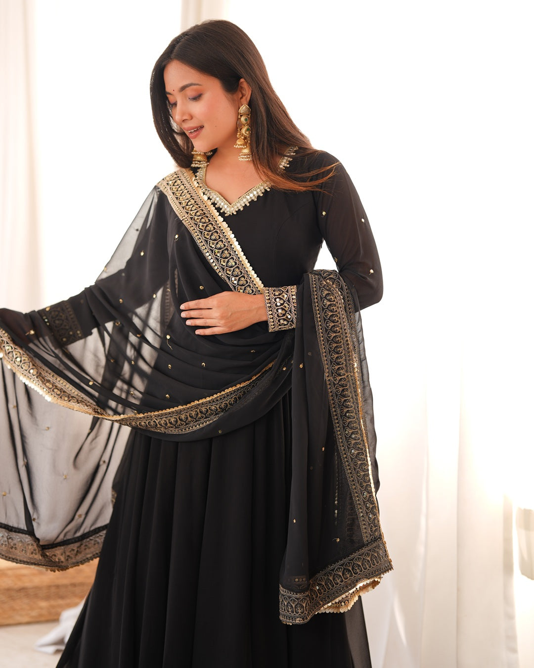Black Georgette Mirror Work Gown | Designer Party Wear