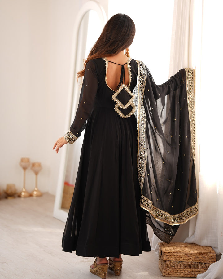 Black Georgette Mirror Work Gown | Designer Party Wear