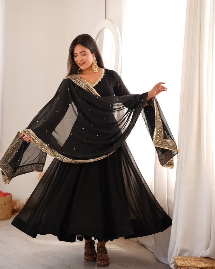 Black Georgette Mirror Work Gown | Designer Party Wear