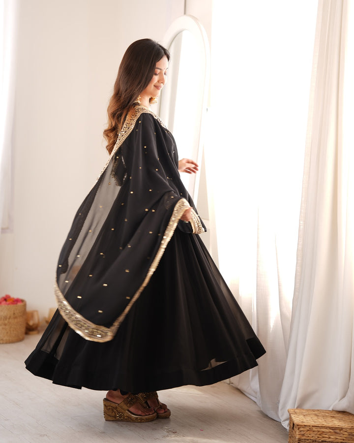 Black Georgette Mirror Work Gown | Designer Party Wear