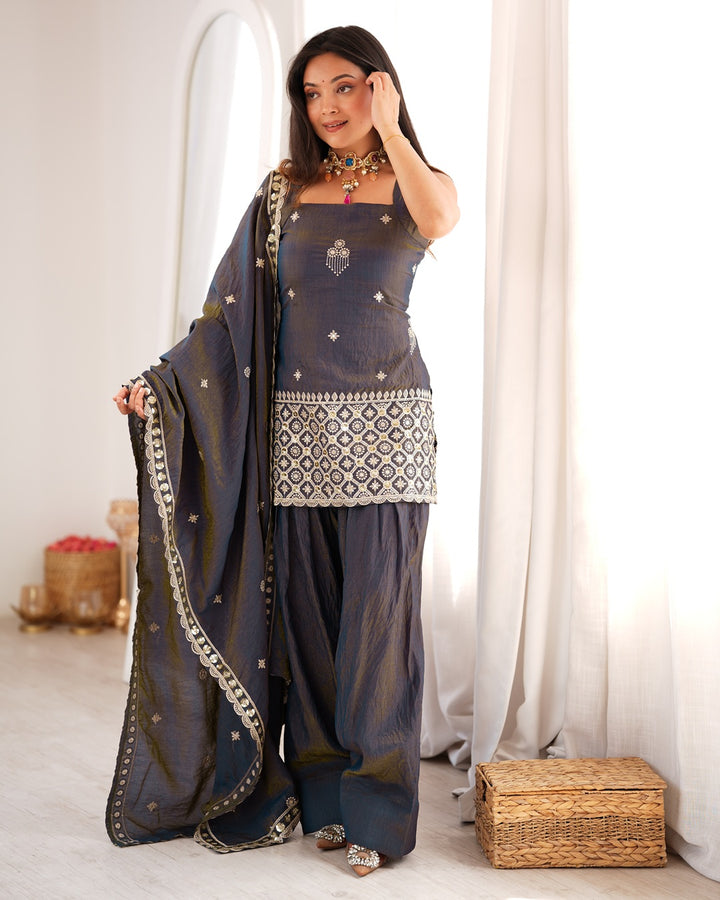 Smoky Grey Vichitra Silk Farshi Salwar Suit for Women