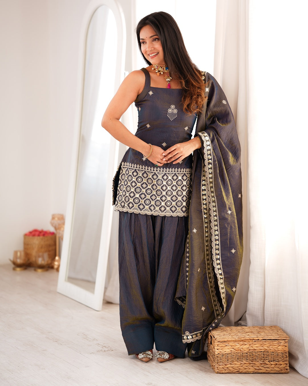 Smoky Grey Vichitra Silk Farshi Salwar Suit for Women