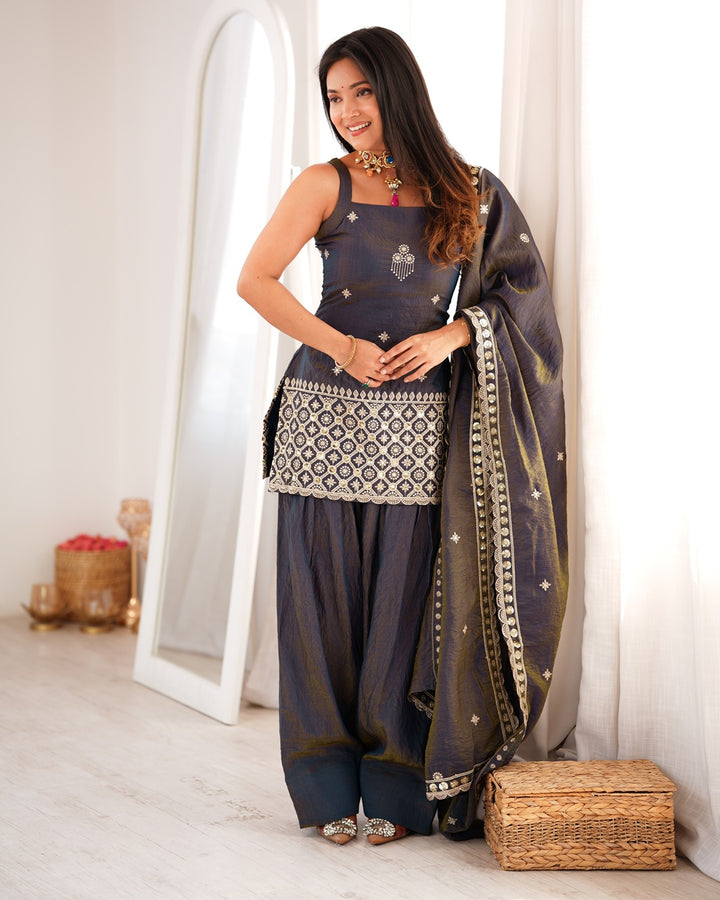 Smoky Grey Vichitra Silk Farshi Salwar Suit for Women