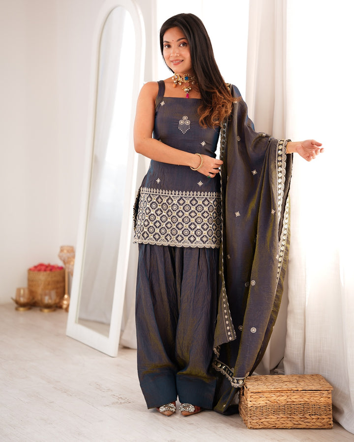 Smoky Grey Vichitra Silk Farshi Salwar Suit for Women