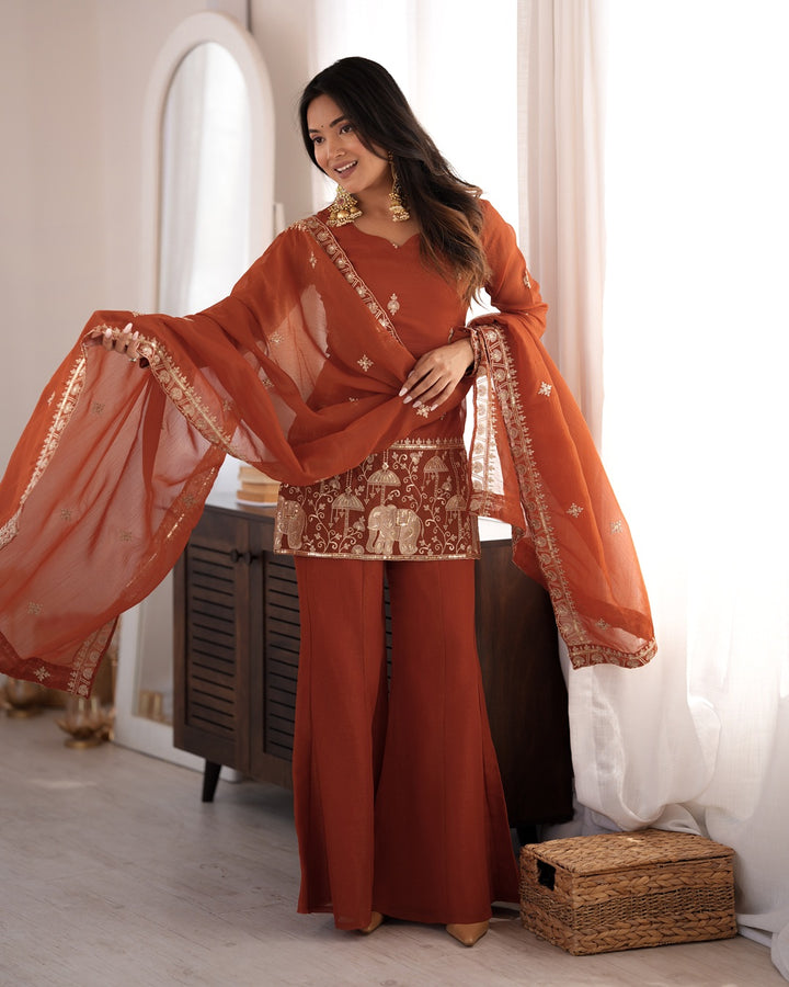 Rust Crunchy Silk Embroidered Bell Bottom Suit with Dupatta