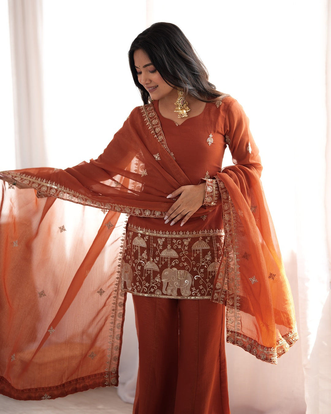 Rust Crunchy Silk Embroidered Bell Bottom Suit with Dupatta