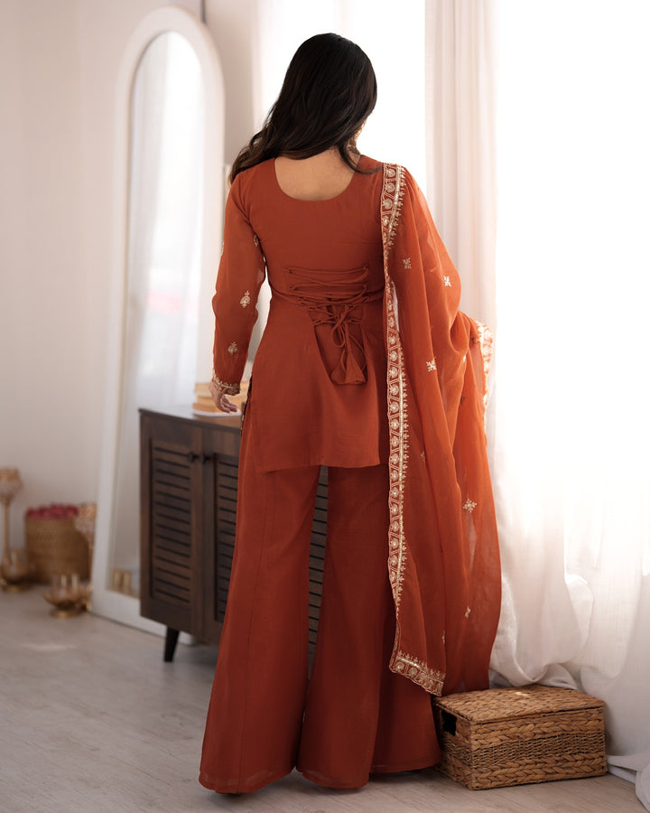 Rust Crunchy Silk Embroidered Bell Bottom Suit with Dupatta