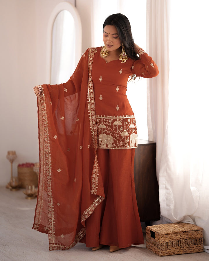 Rust Crunchy Silk Embroidered Bell Bottom Suit with Dupatta