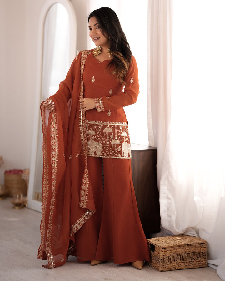 Rust Crunchy Silk Embroidered Bell Bottom Suit with Dupatta