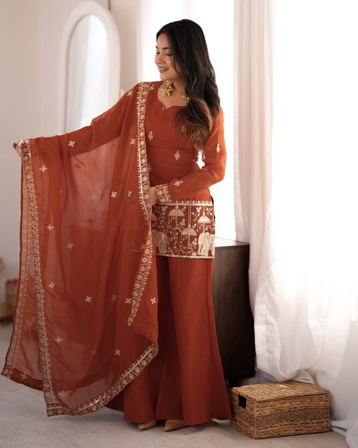 Rust Crunchy Silk Embroidered Bell Bottom Suit with Dupatta
