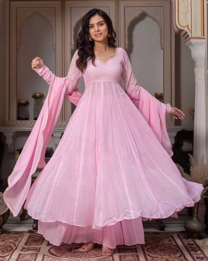 Baby Pink Georgette Handwork Anarkali Gown for Women