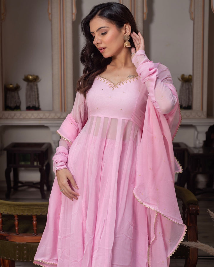 Baby Pink Georgette Handwork Anarkali Gown for Women
