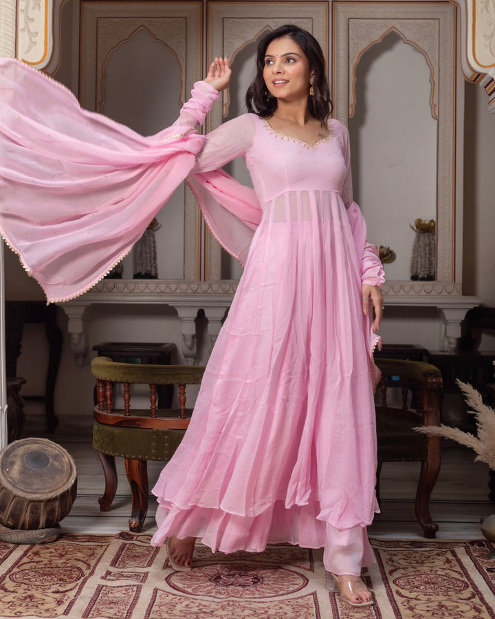 Baby Pink Georgette Handwork Anarkali Gown for Women