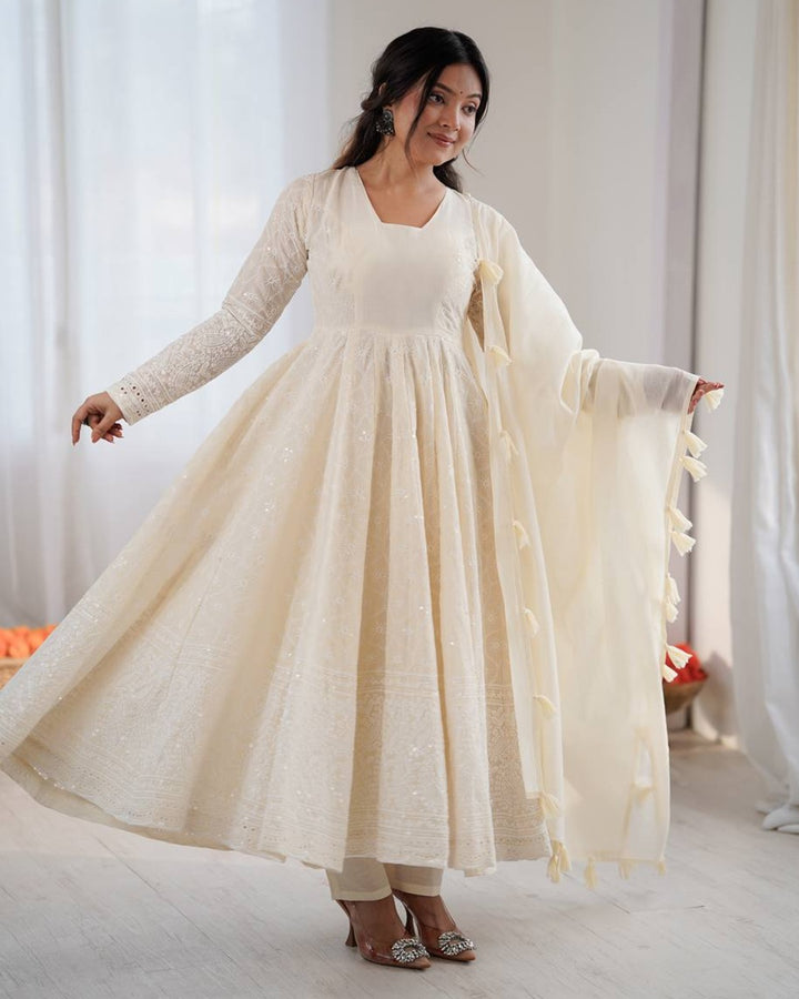 Off White Kora Cotton Anarkali with Handcrafted Lakhnawi Embroidery