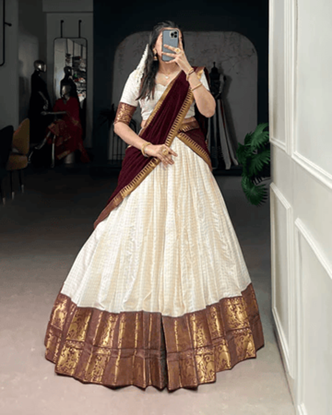 White & Maroon Poly Cotton Chex Onam Half Saree | Traditional Festive Wear