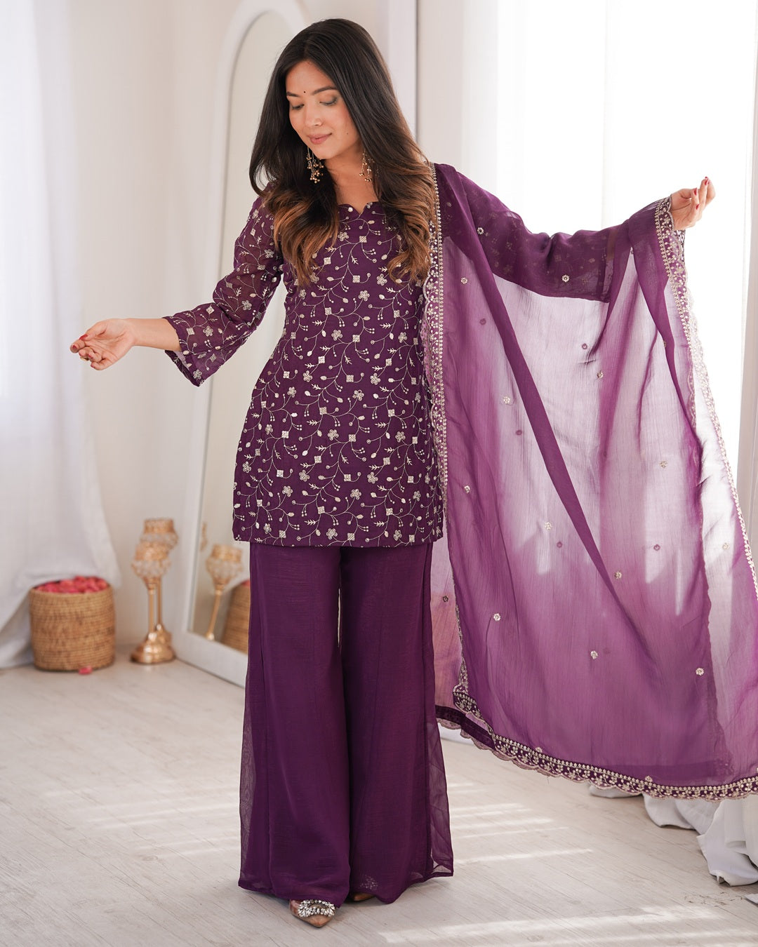 Dusty Mauve Crunchy Silk Embroidered Palazzo Suit – Elegant Festive & Party Wear for Women