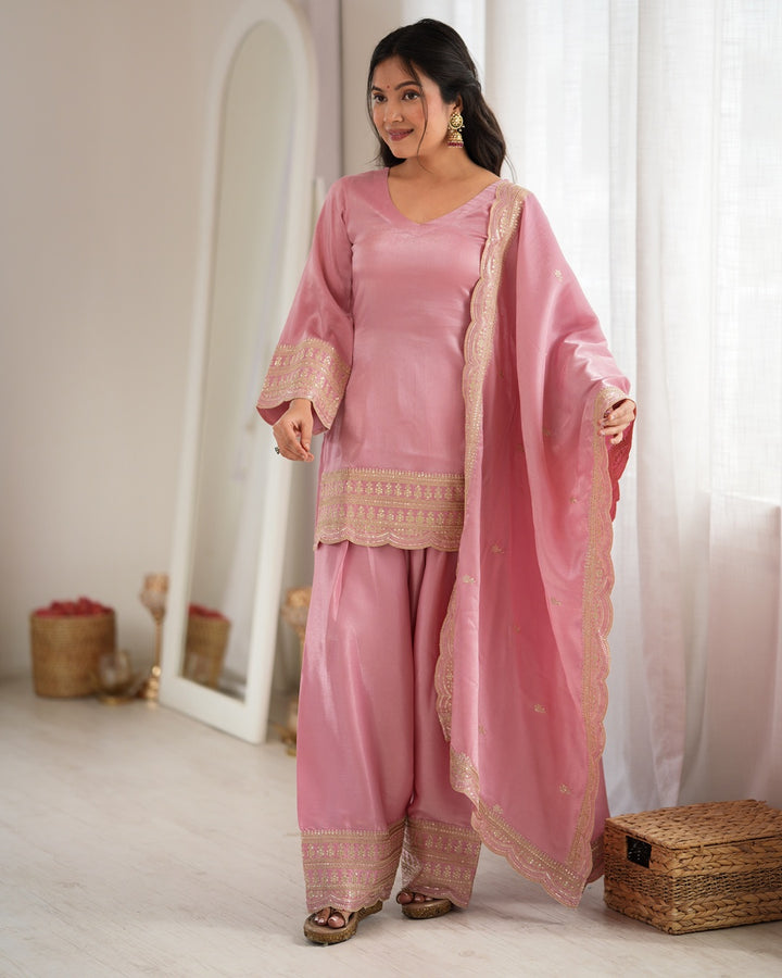 Dusty Pink Roman Silk Embroidered Farshi Salwar Suit with Dupatta | Designer Festive & Wedding Wear for Women