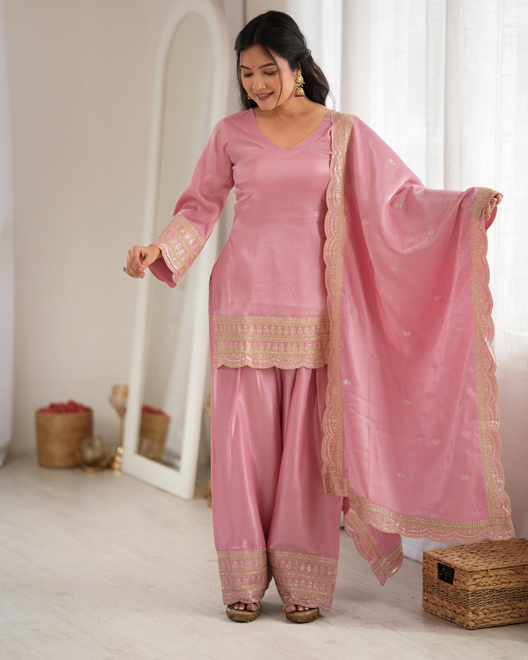 Dusty Pink Roman Silk Embroidered Farshi Salwar Suit with Dupatta | Designer Festive & Wedding Wear for Women