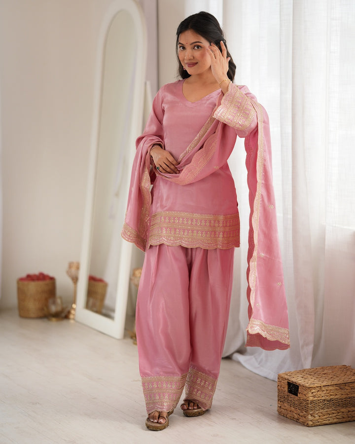 Dusty Pink Roman Silk Embroidered Farshi Salwar Suit with Dupatta | Designer Festive & Wedding Wear for Women