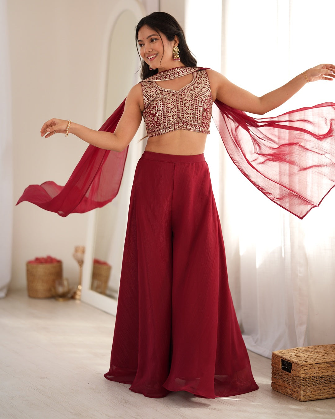 Deep Maroon Crunchy Silk Embroidered Palazzo Suit | Designer Festive & Wedding Wear for Women