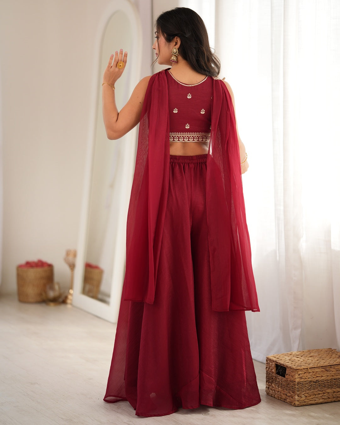 Deep Maroon Crunchy Silk Embroidered Palazzo Suit | Designer Festive & Wedding Wear for Women
