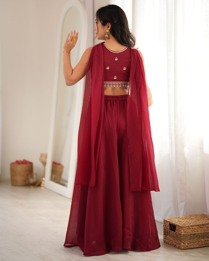 Deep Maroon Crunchy Silk Embroidered Palazzo Suit | Designer Festive & Wedding Wear for Women