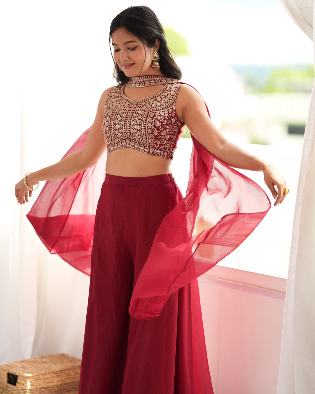 Deep Maroon Crunchy Silk Embroidered Palazzo Suit | Designer Festive & Wedding Wear for Women