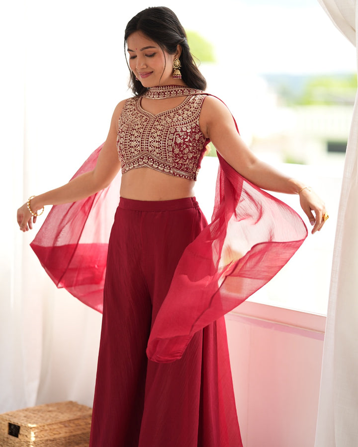 Deep Maroon Crunchy Silk Embroidered Palazzo Suit | Designer Festive & Wedding Wear for Women