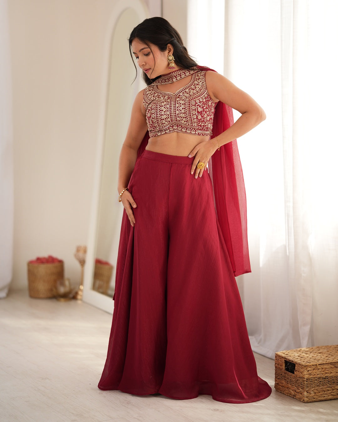 Deep Maroon Crunchy Silk Embroidered Palazzo Suit | Designer Festive & Wedding Wear for Women
