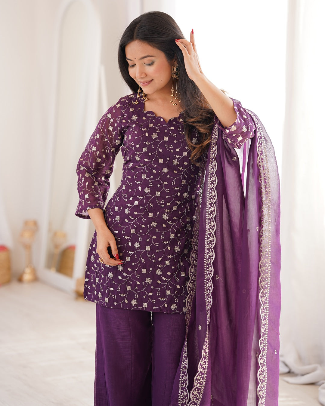 Dusty Mauve Crunchy Silk Embroidered Palazzo Suit – Elegant Festive & Party Wear for Women