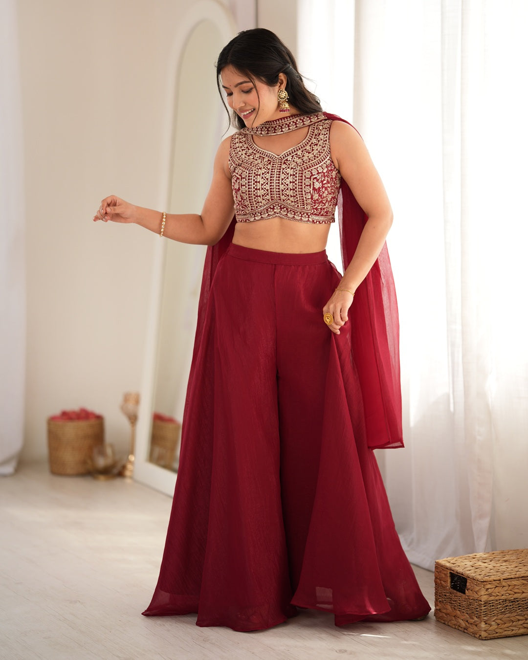 Deep Maroon Crunchy Silk Embroidered Palazzo Suit | Designer Festive & Wedding Wear for Women
