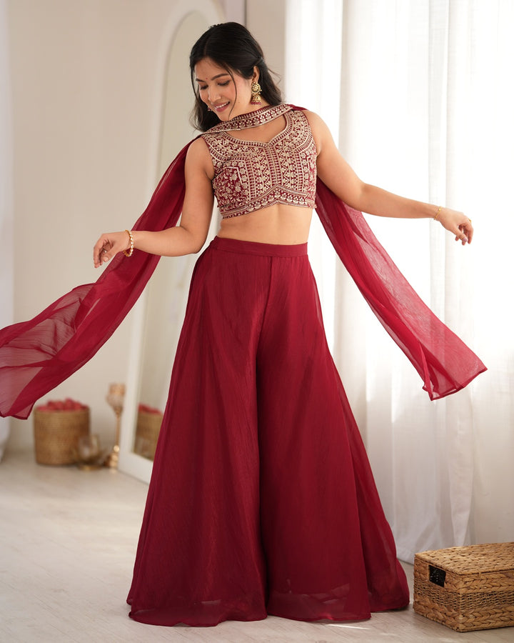 Deep Maroon Crunchy Silk Embroidered Palazzo Suit | Designer Festive & Wedding Wear for Women