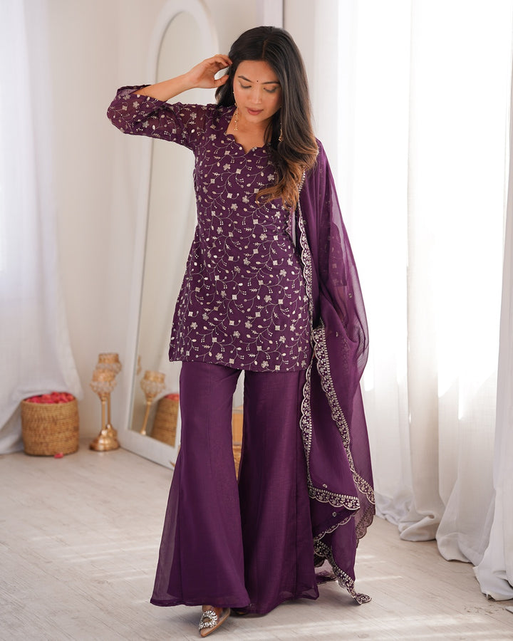 Dusty Mauve Crunchy Silk Embroidered Palazzo Suit – Elegant Festive & Party Wear for Women