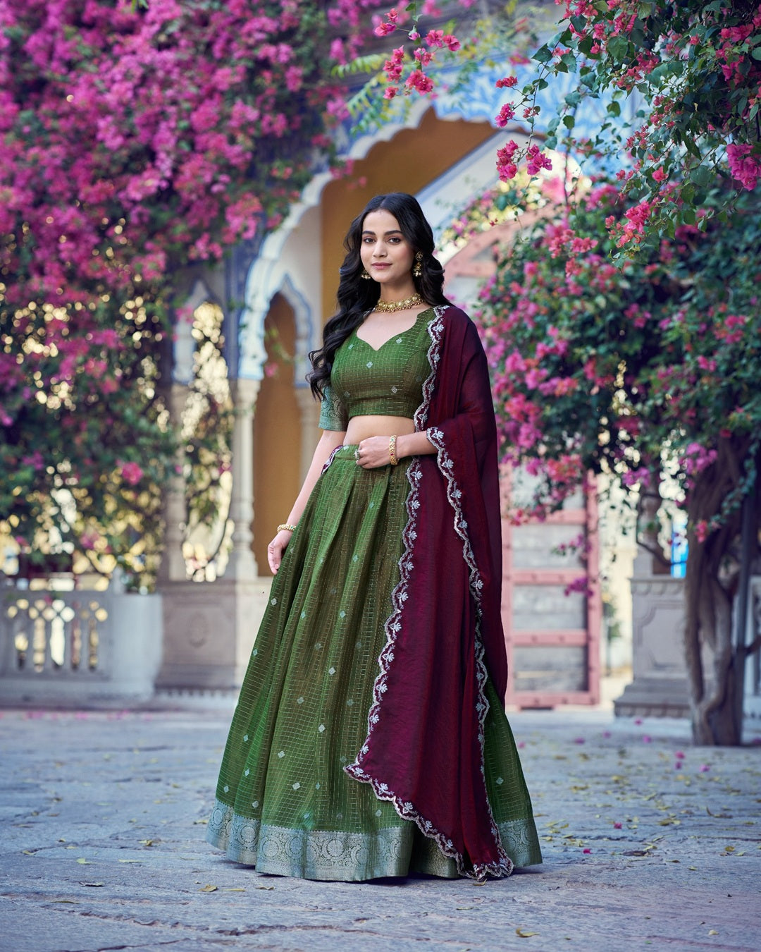Olive Green Chinon Chex Zari Weaving Half Saree for Women | Designer Festive Wear