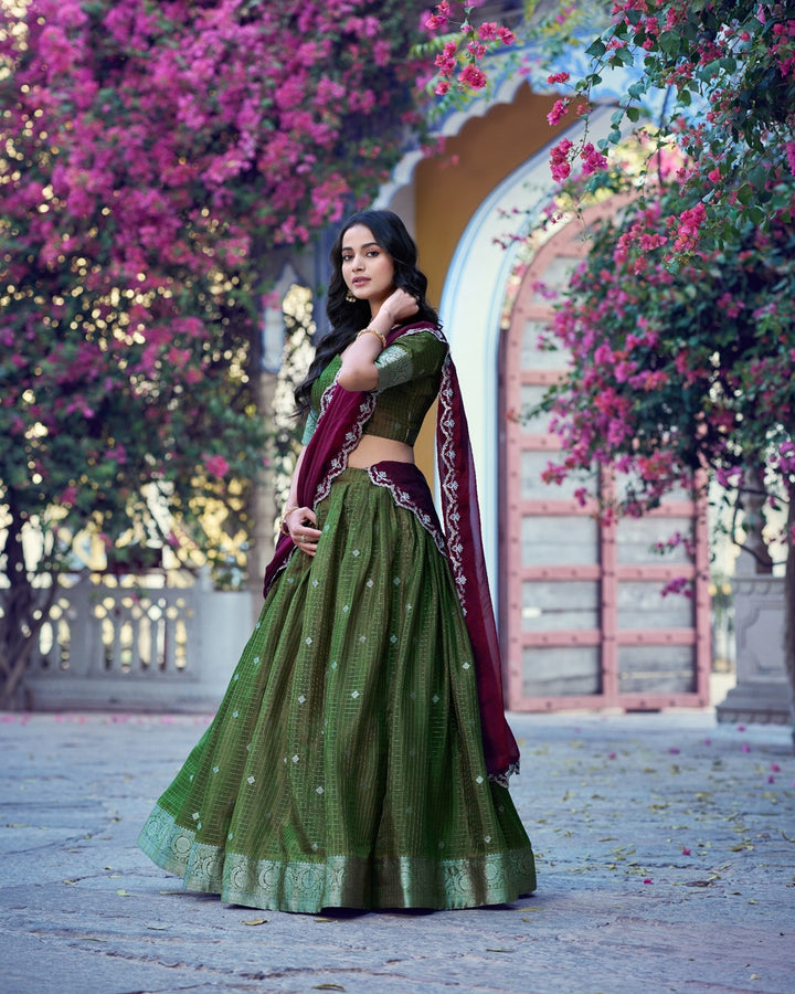 Olive Green Chinon Chex Zari Weaving Half Saree for Women | Designer Festive Wear