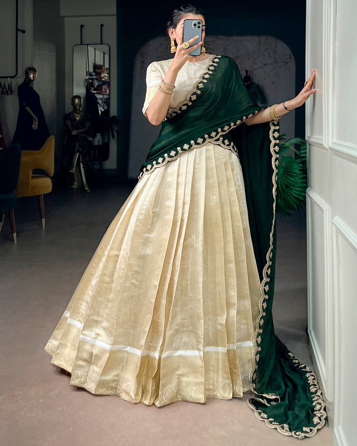 Green Jacquard Chex Half Saree for Women | Designer Wedding & Festive Wear