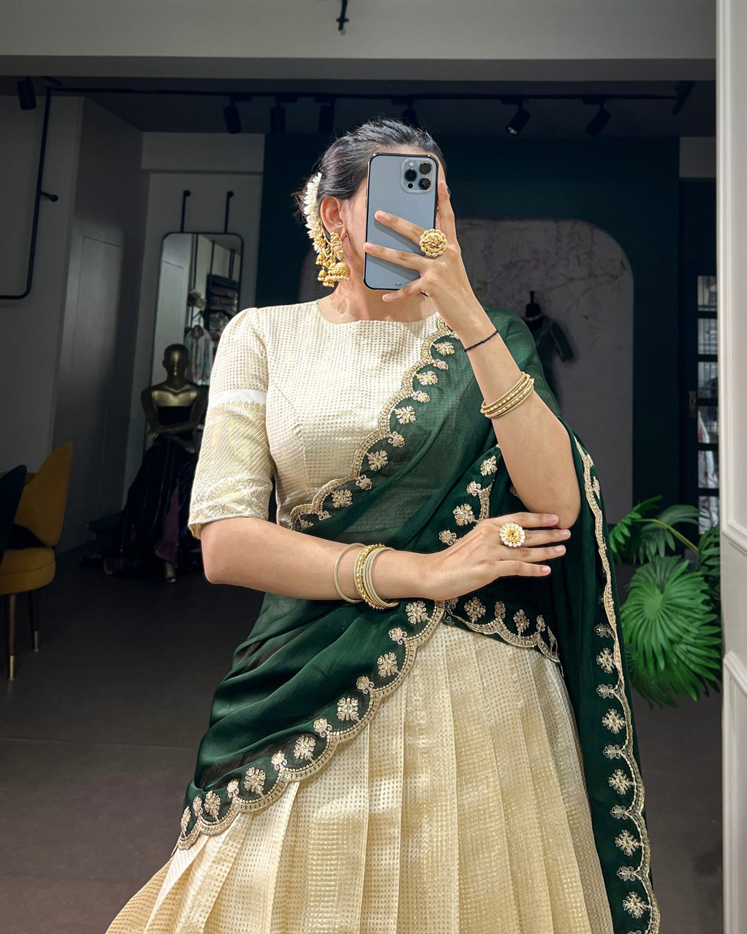 Green Jacquard Chex Half Saree for Women | Designer Wedding & Festive Wear