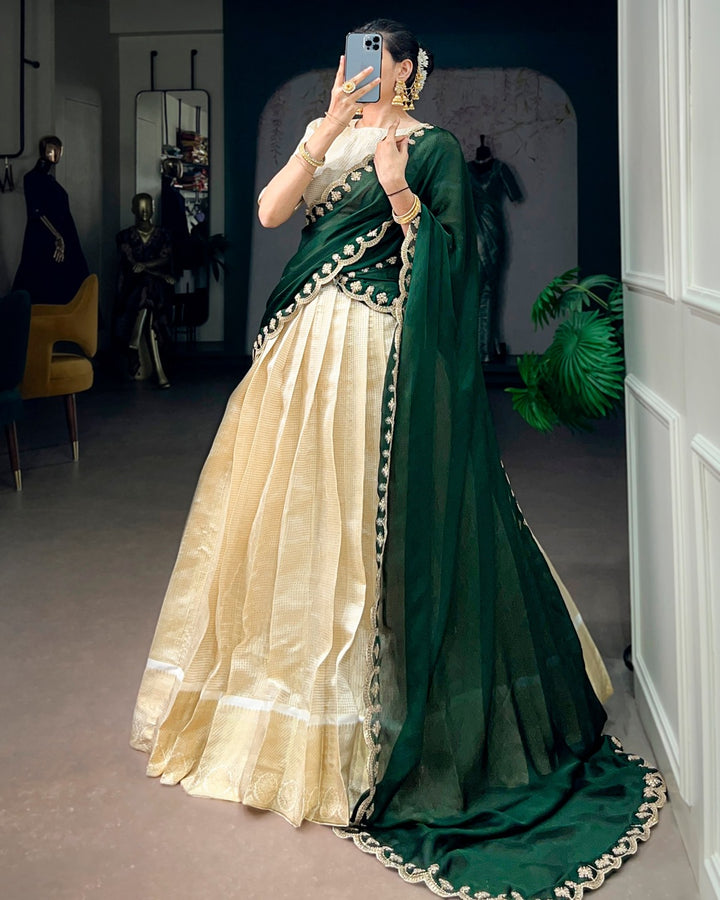 Green Jacquard Chex Half Saree for Women | Designer Wedding & Festive Wear
